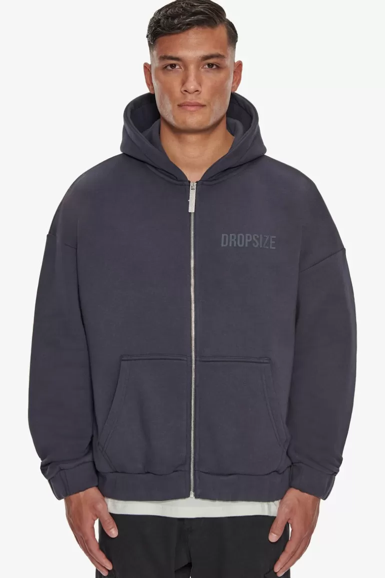 Outlet Dropsize Heavy Oversize Hd Print Zip Hoodie Washed Navy