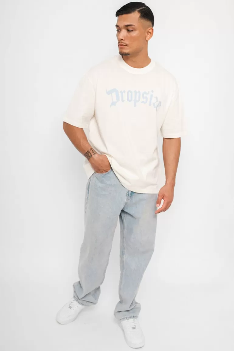 Shop Dropsize Heavy Oversize Logo T-Shirt Cream White/ Baby Blue