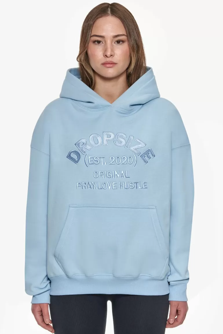 Online Dropsize Heavy Oversize Pray Love Hustle Embo Hoodie Baby Blue