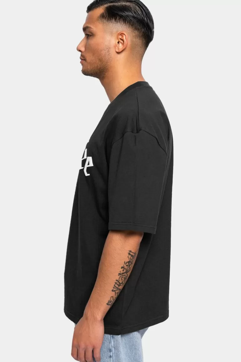 Hot Dropsize Heavy Oversize White Logo Puffer Print T-Shirt Washed Black