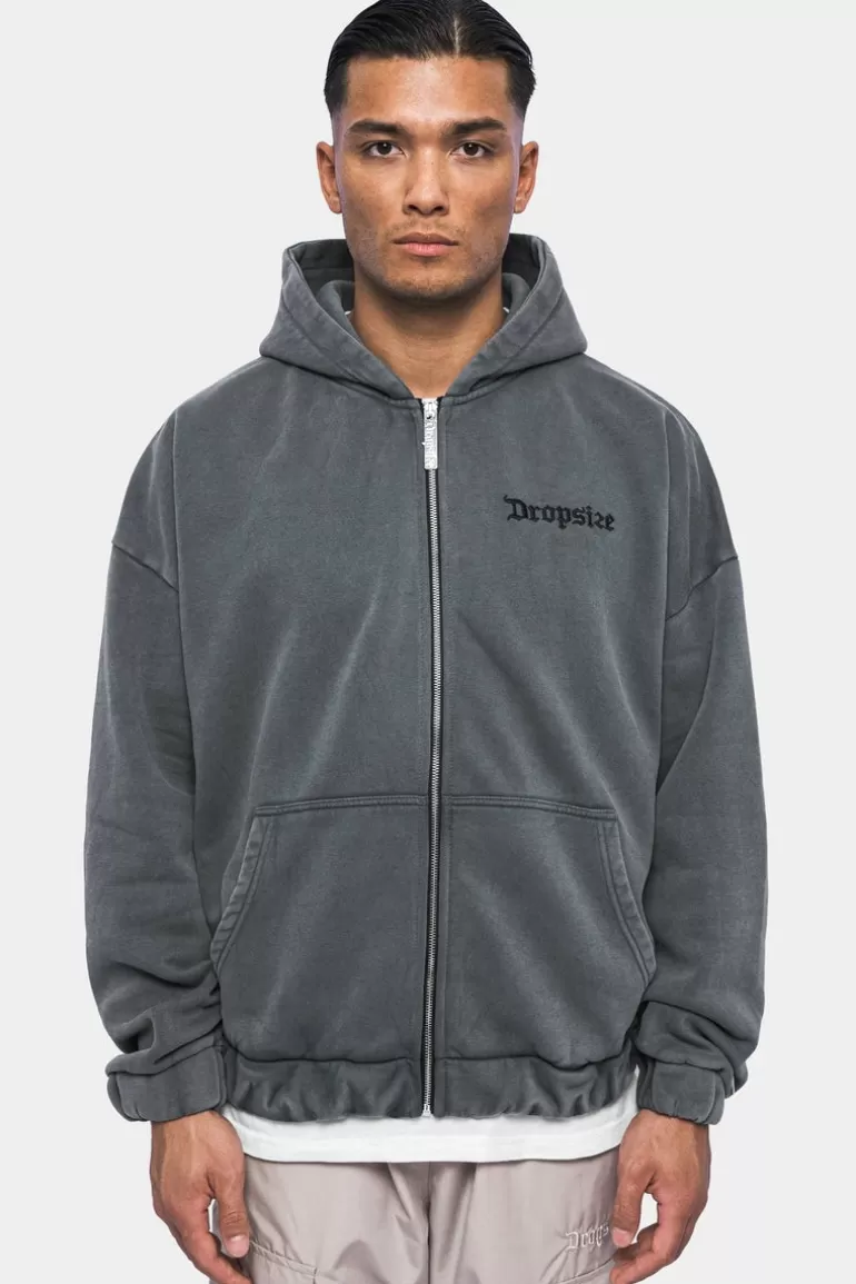 Discount Dropsize Super Heavy Oversize Blank Zip Hoodie Washed Grey