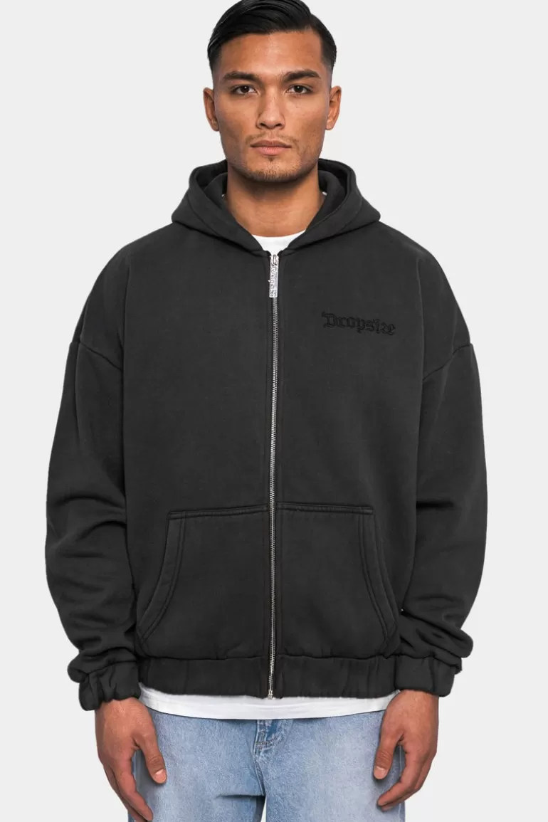 Sale Dropsize Super Heavy Oversize Logo Zip Hoodie Acid Washed Black