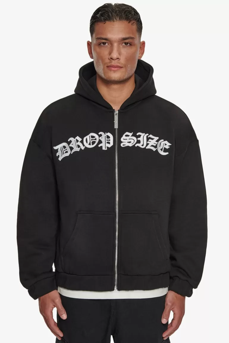 Cheap Dropsize Super Heavy Oversize Mid Front Embo Zip Hoodie Black